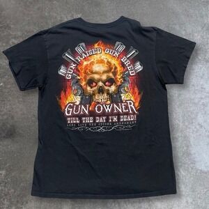 Mens Black Gun Owner Skull Flames Graphic T Shirt Tee